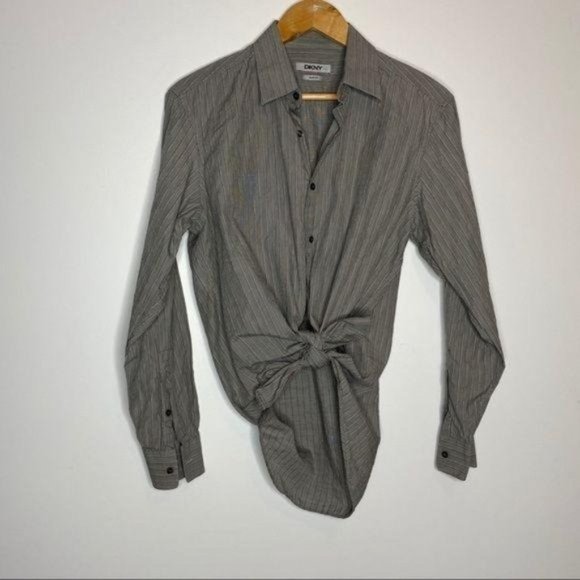 Y2K DKNY Slim Fit Button Down Blouse striped gray - Picture 5 of 12